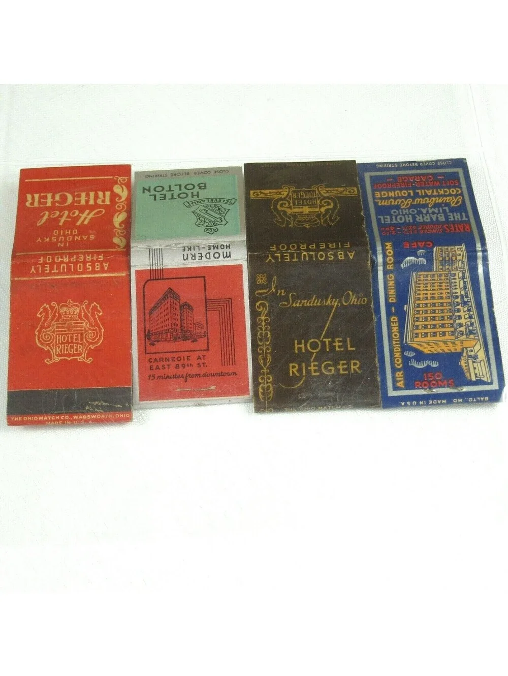 4 Vintage Matchbook Covers Hotel Rieger, Hotel Bolton, & The Barr Hotel in Ohio
